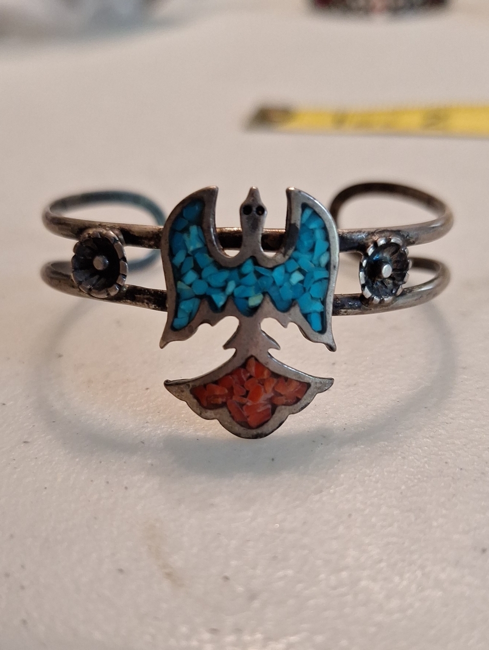 Turquoise & Coral Inlay Thunderbird Cuff Bracelet - Picture 6 of 6